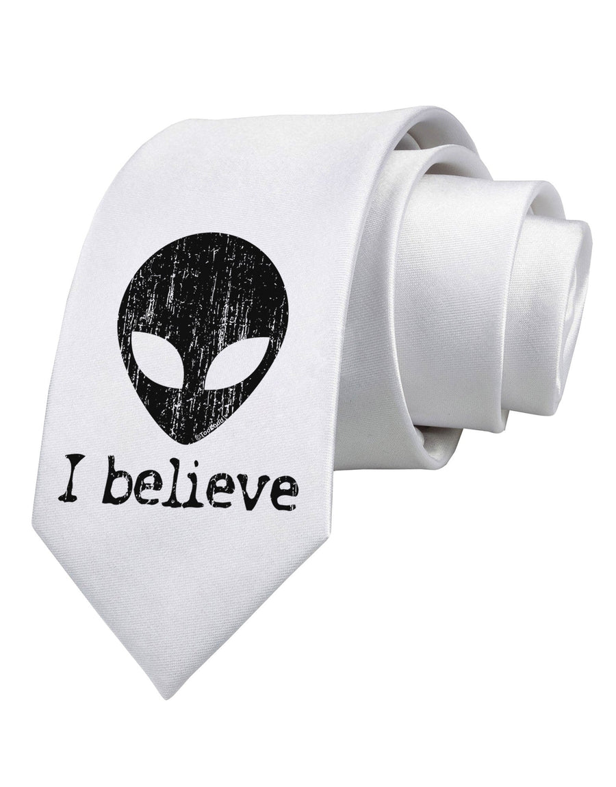 Extraterrestrial - I Believe Distressed Printed White Necktie by TooLoud