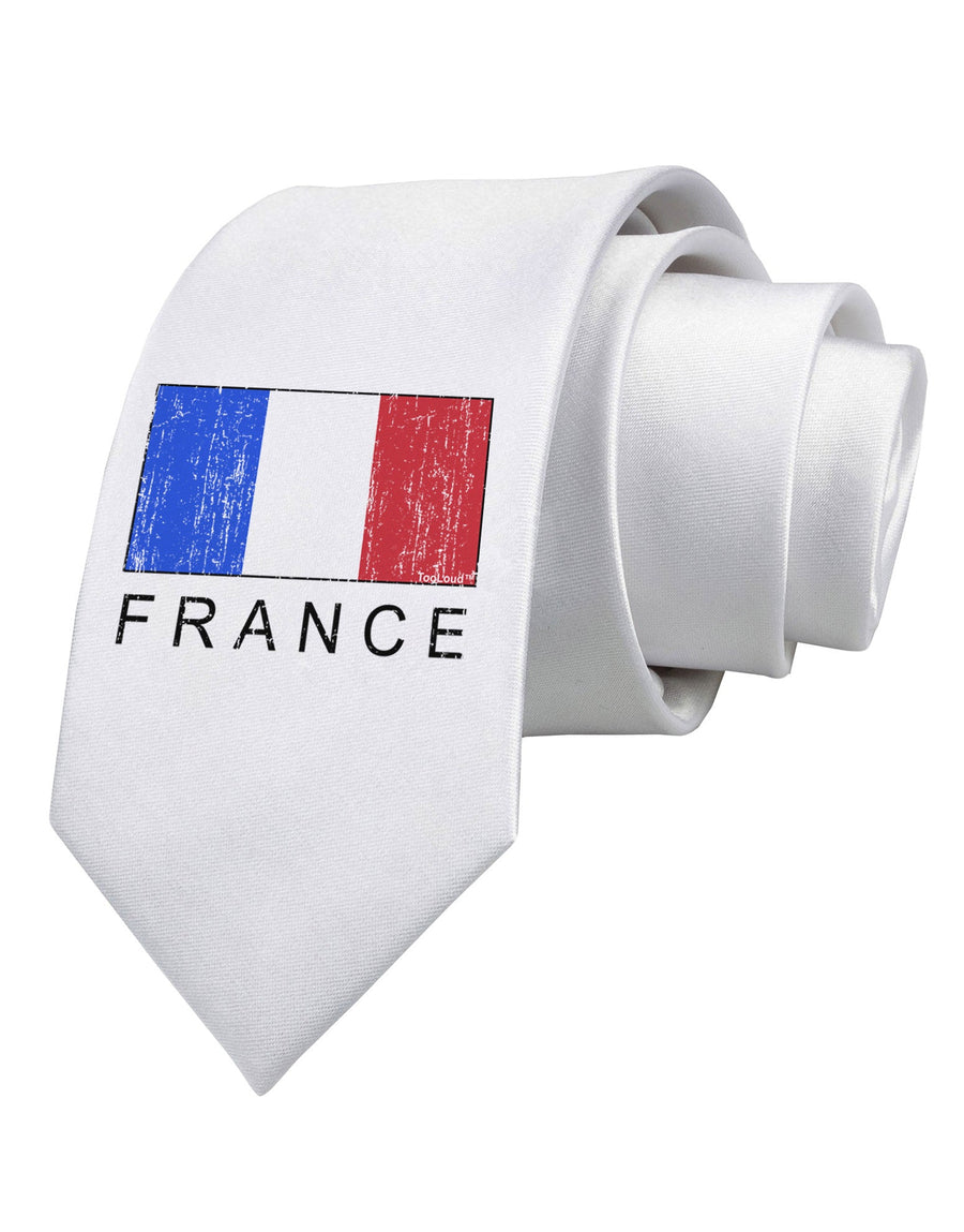 French Flag - France Text Distressed Printed White Necktie by TooLoud