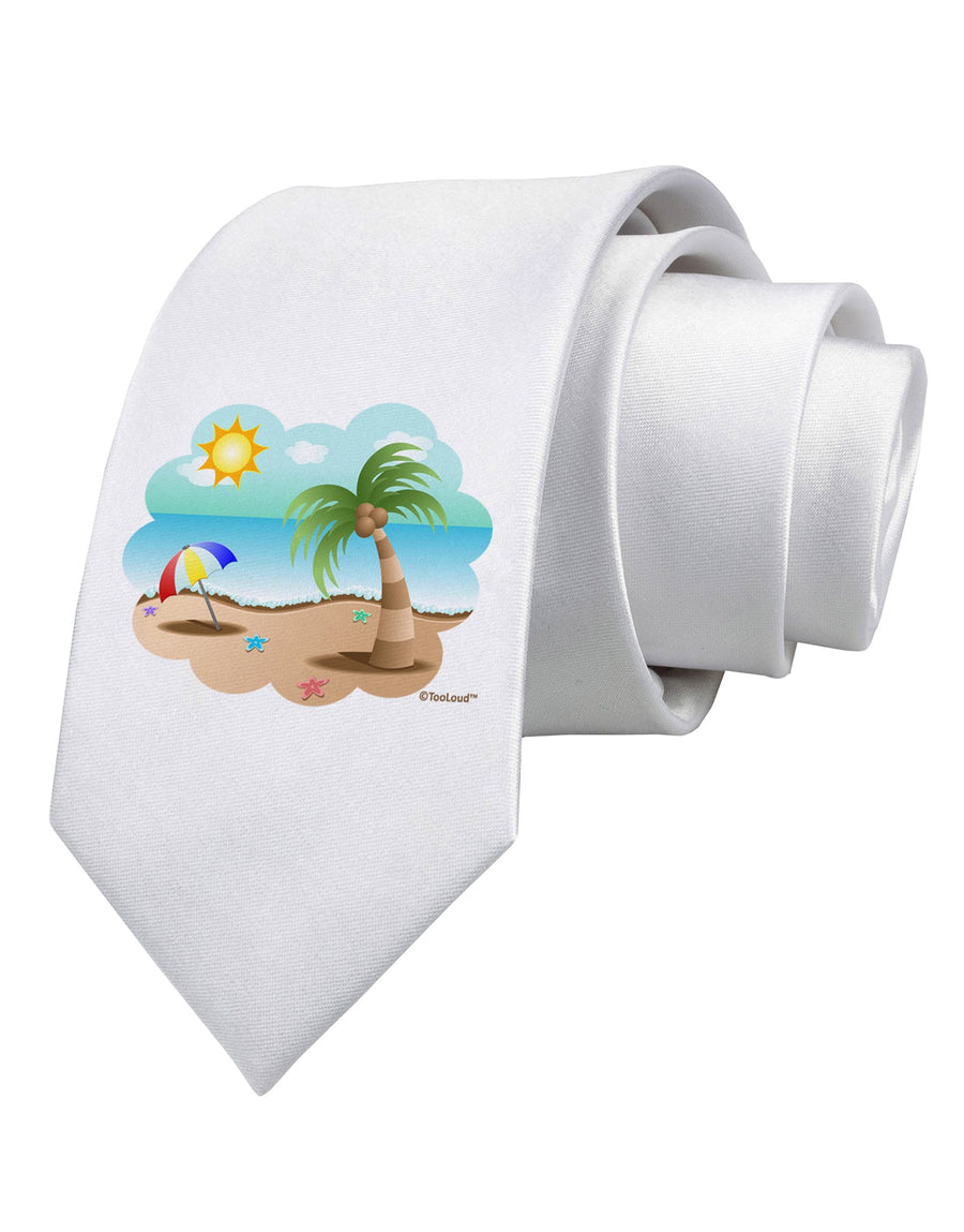 Fun Summer Beach Scene Printed White Necktie by TooLoud