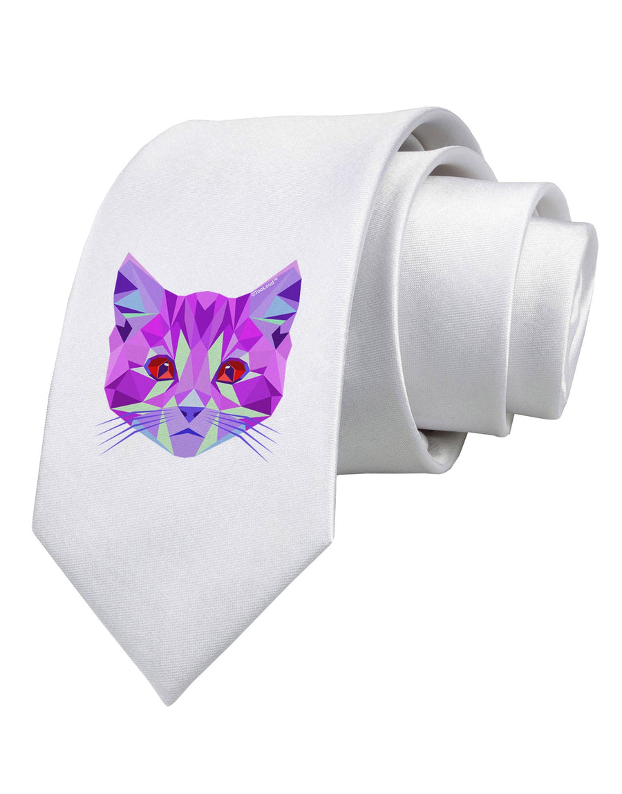 Geometric Kitty Purple Printed White Necktie