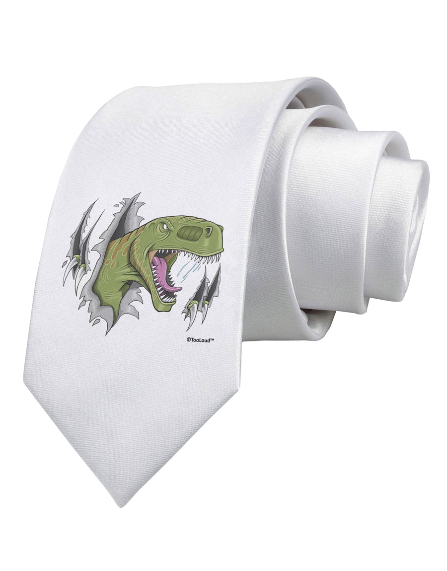 Green Dinosaur Breaking Free Printed White Necktie by TooLoud