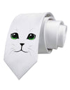 Green-Eyed Cute Cat Face Printed White Necktie