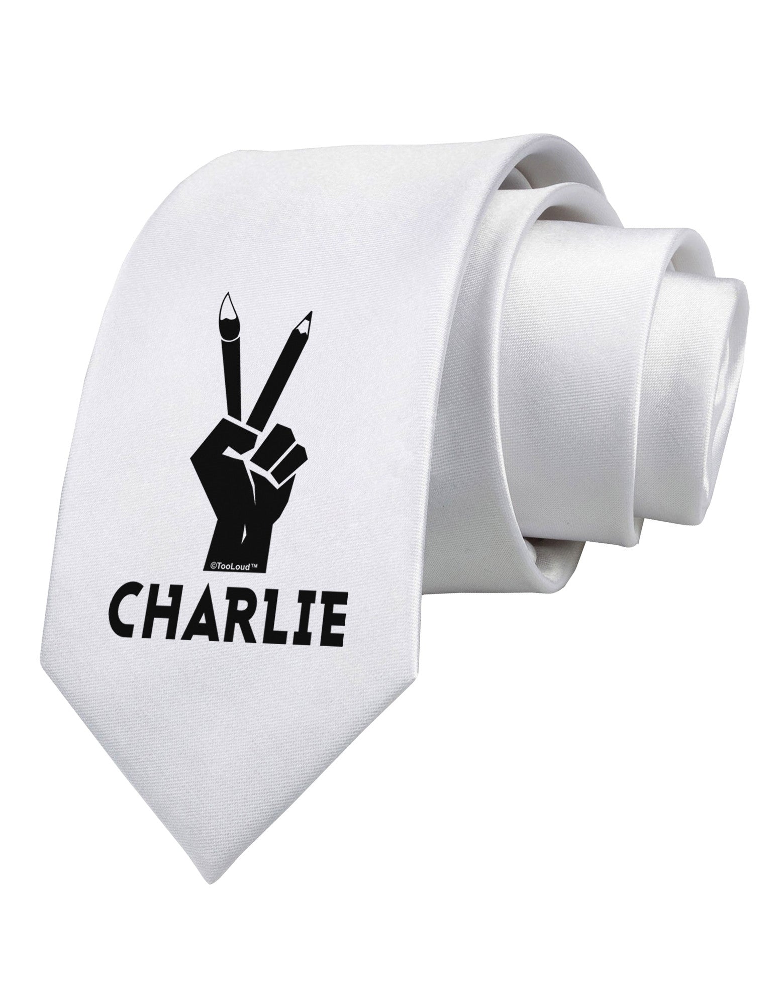 Hand Peace Sign - Charlie Design Printed White Necktie by TooLoud