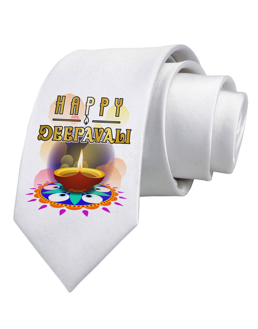 Happy Deepavali - Rangoli and Diya Printed White Necktie by