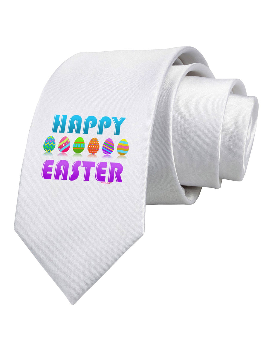 Happy Easter Decorated Eggs Printed White Necktie