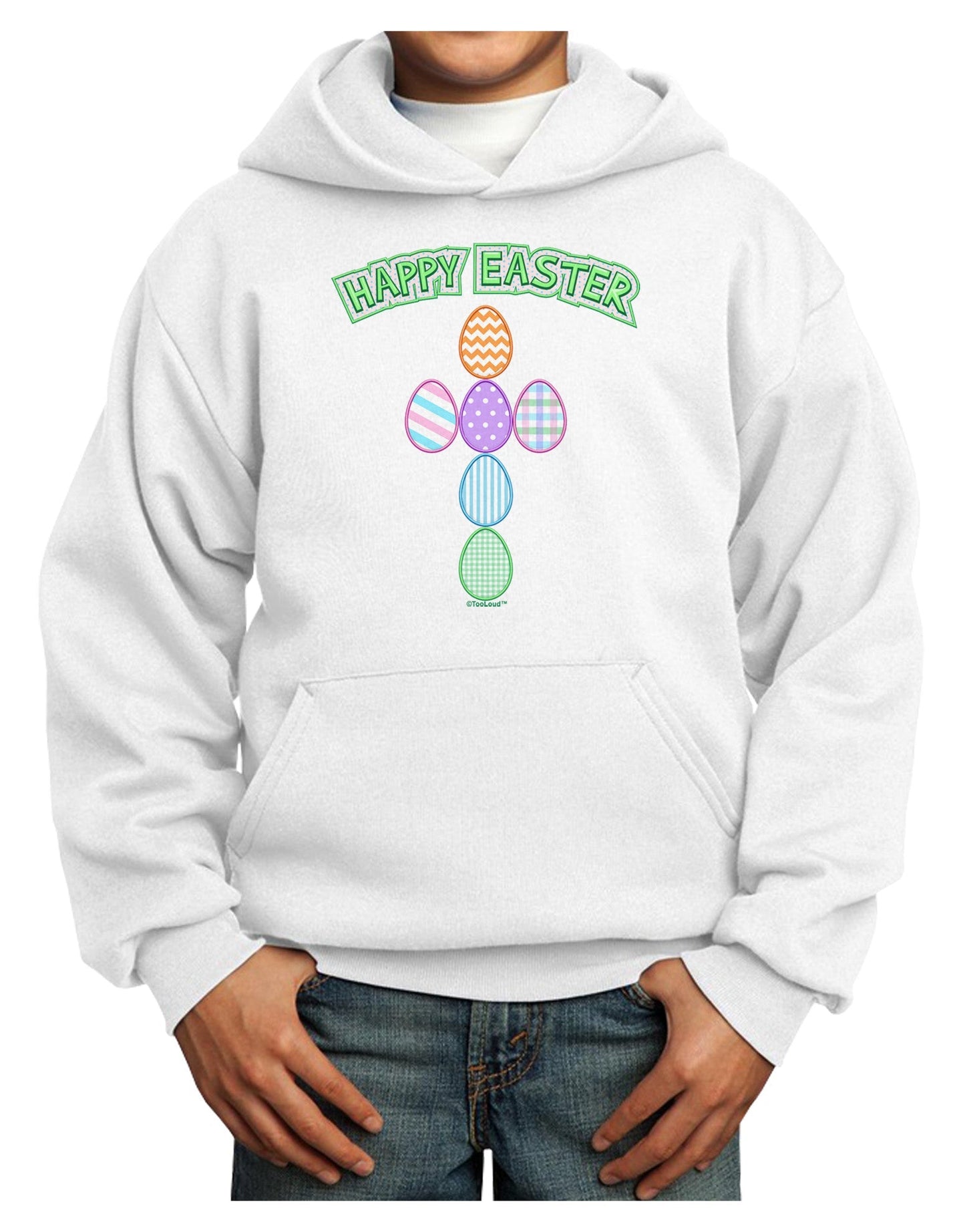 Happy Easter Egg Cross Faux Applique Youth Hoodie Pullover Sweatshirt-Youth Hoodie-TooLoud-White-XS-Davson Sales