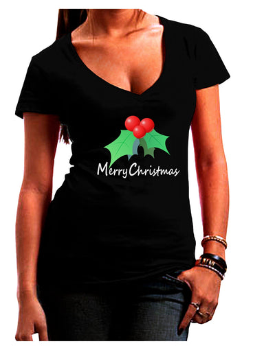 holly Merry Christmas Text Juniors V-Neck Dark T-Shirt-Womens V-Neck T-Shirts-TooLoud-Black-Juniors Fitted Small-Davson Sales