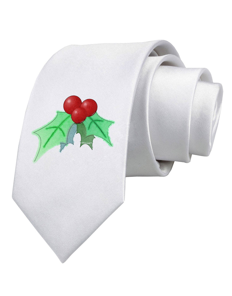 Holly Watercolor Printed White Necktie