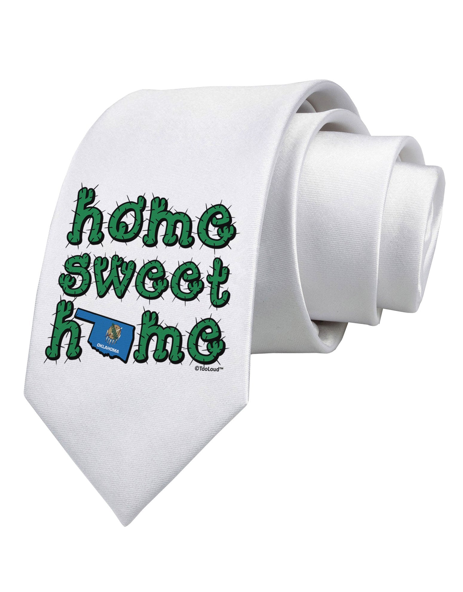 Home Sweet Home - Oklahoma - Cactus and State Flag Printed White Necktie by TooLoud