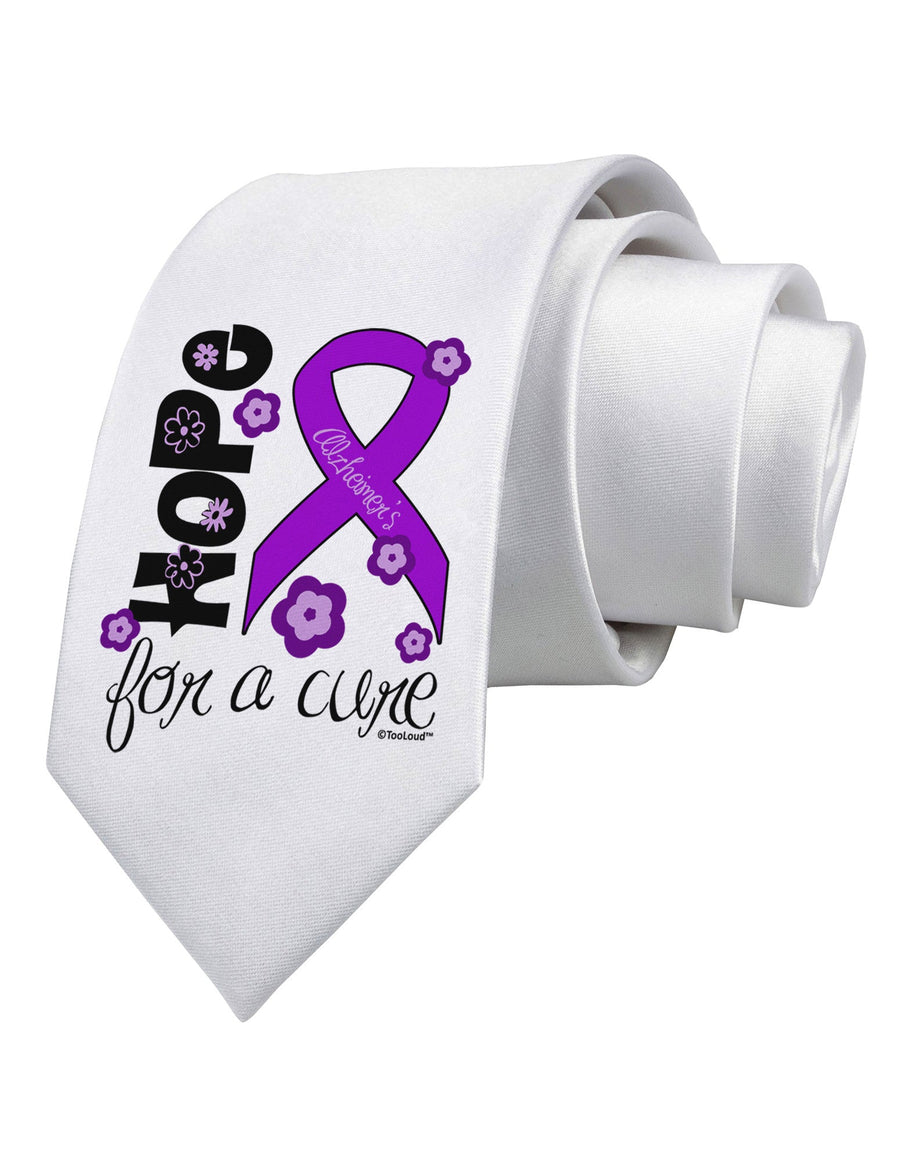 Hope for a Cure - Purple Ribbon Alzheimers Disease - Flowers Printed White Necktie