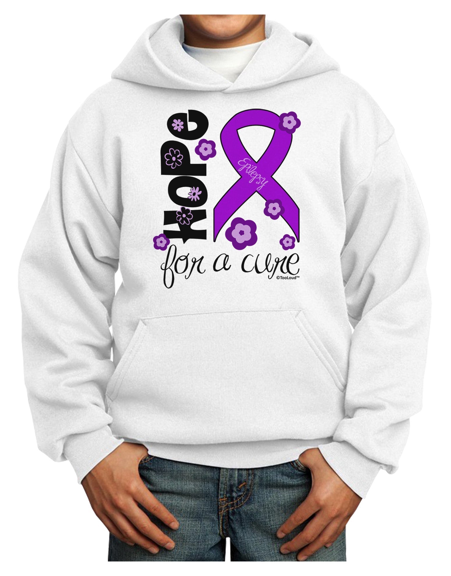 Hope for a Cure - Purple Ribbon Epilepsy - Flowers Youth Hoodie Pullover Sweatshirt-Youth Hoodie-TooLoud-White-XS-Davson Sales