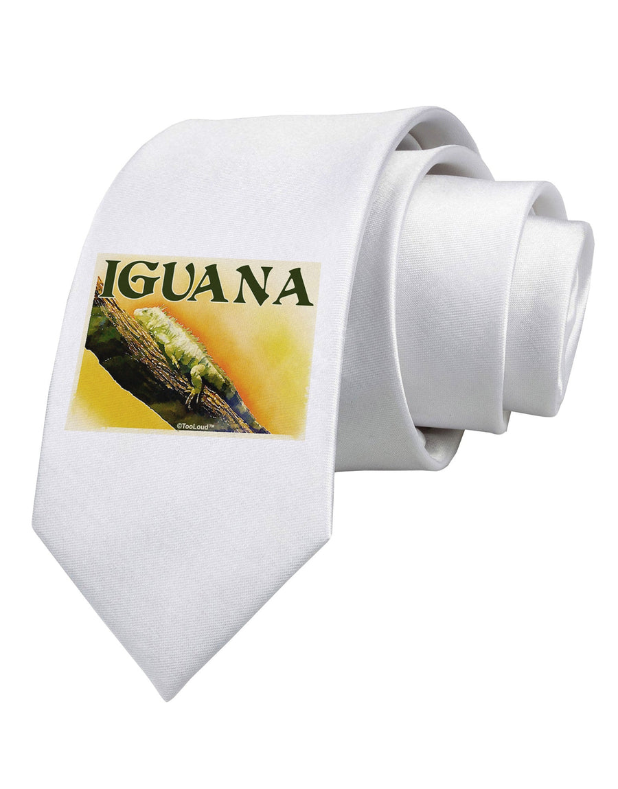 Iguana Watercolor Text Printed White Necktie