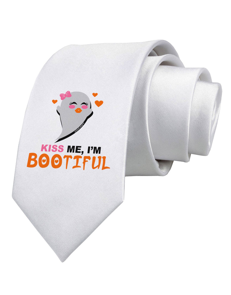 Kiss Me BOOtiful Ghost Orange Printed White Necktie