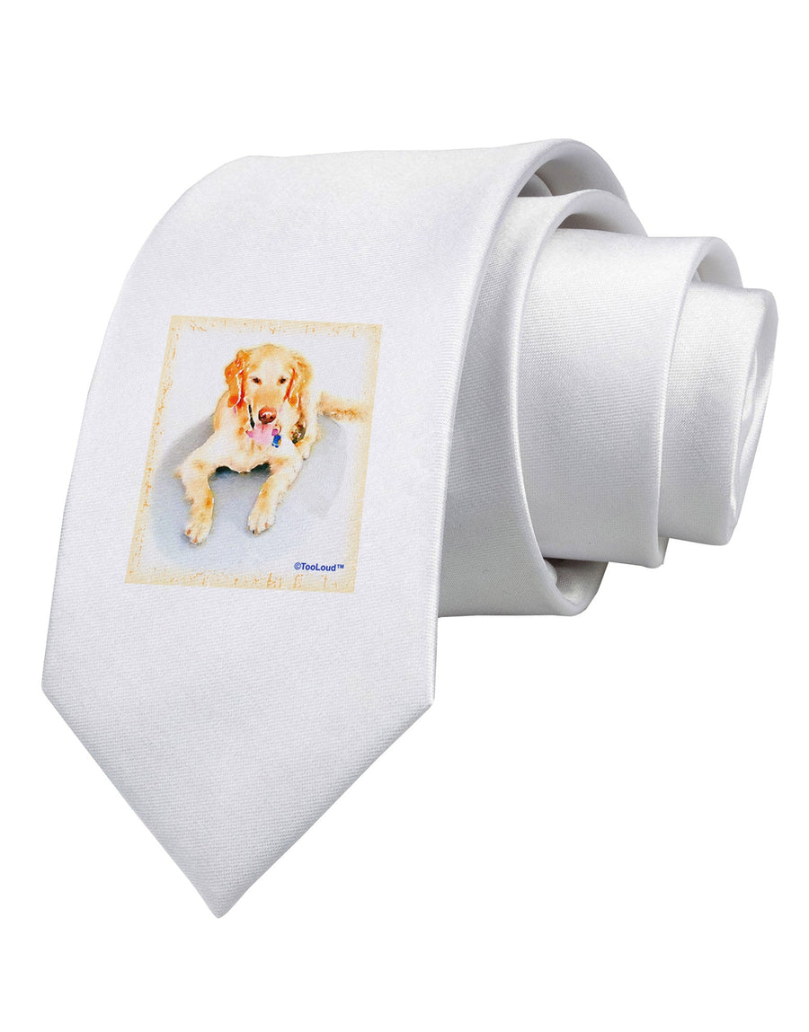 Laying Retriever Watercolor Printed White Necktie