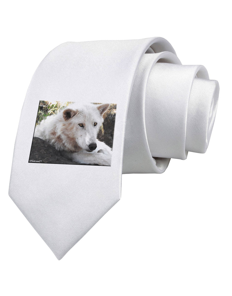 Laying White Wolf Printed White Necktie