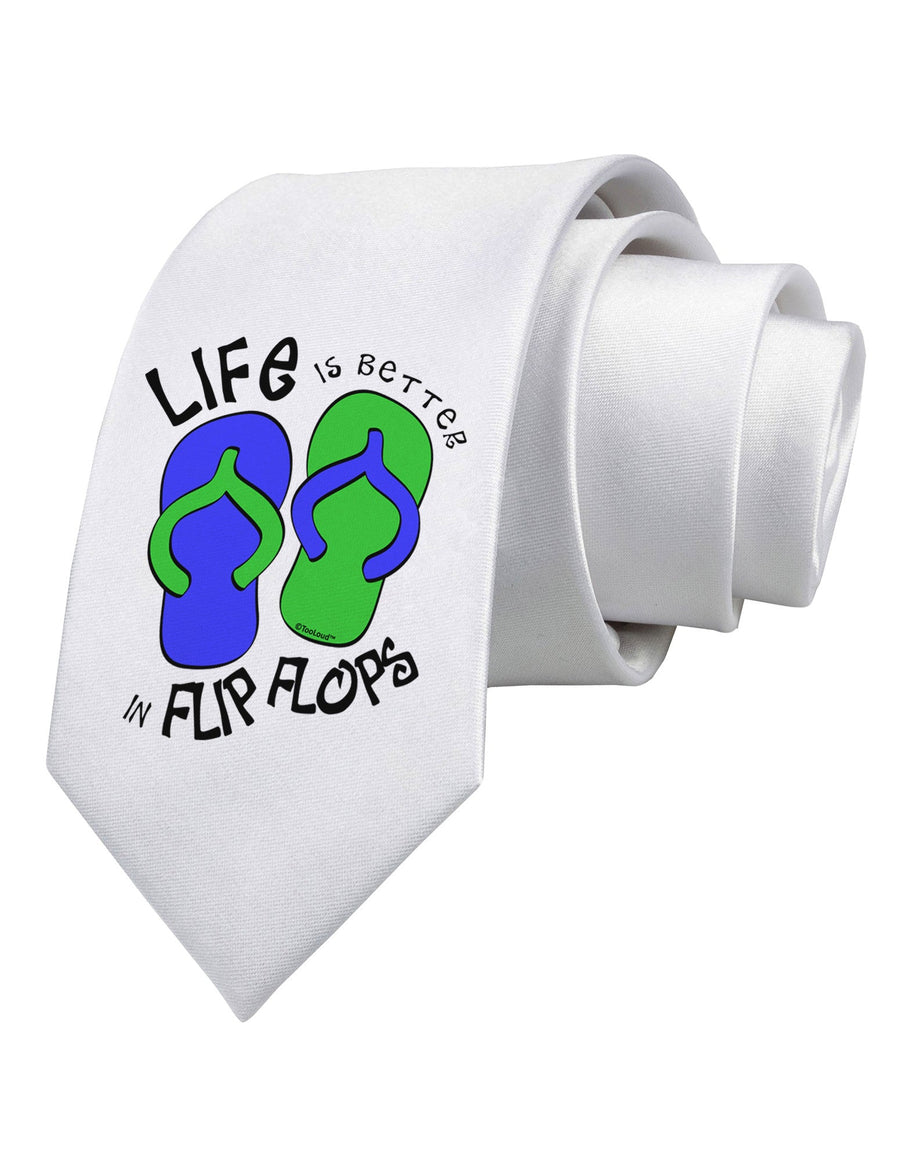 Life is Better in Flip Flops - Blue and Green Printed White Necktie