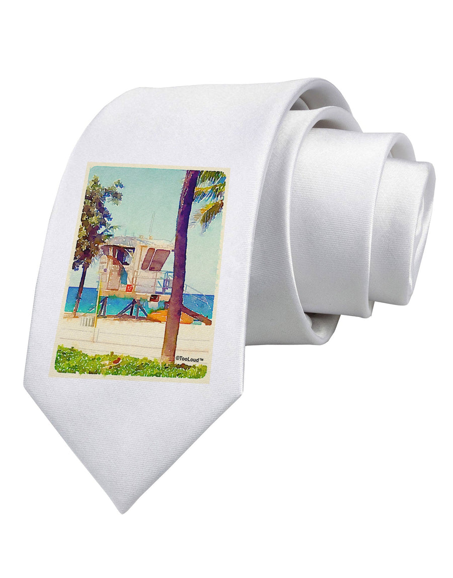 Lifeguard Station Watercolor Printed White Necktie