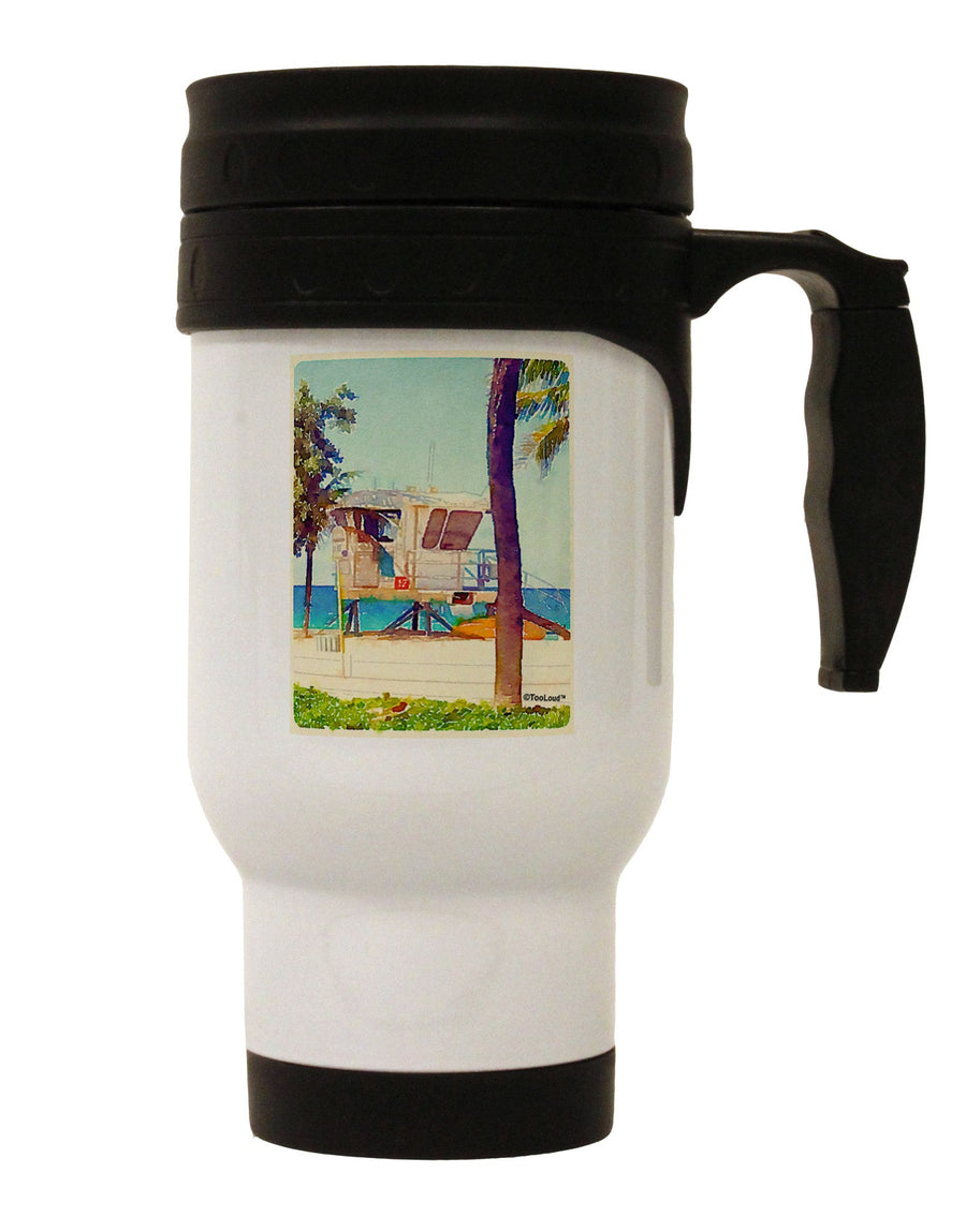 Lifeguard Station Watercolor Stainless Steel 14oz Travel Mug-Travel Mugs-TooLoud-White-Davson Sales