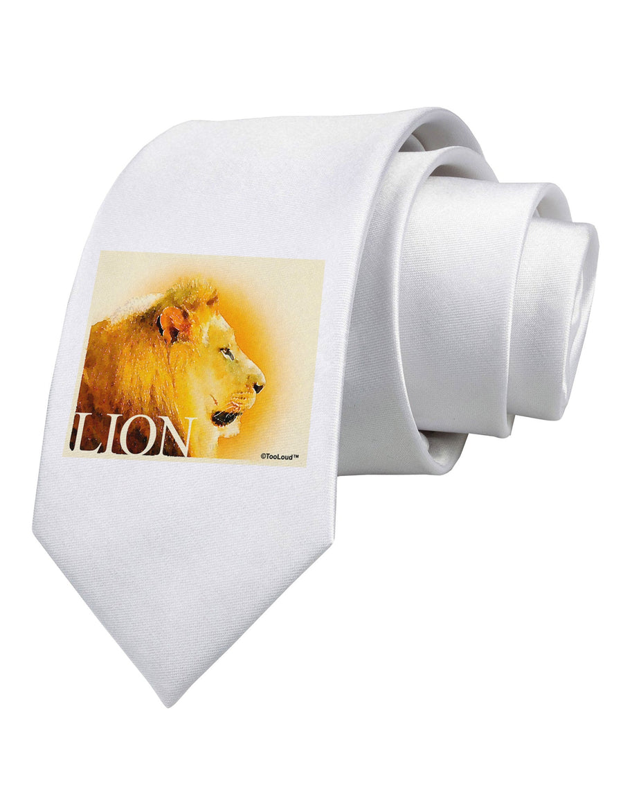 Lion Watercolor 3 Text Printed White Necktie