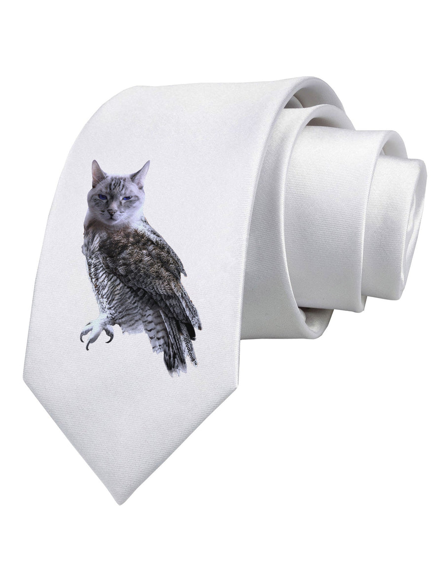 Lucky Cat Owl Printed White Necktie