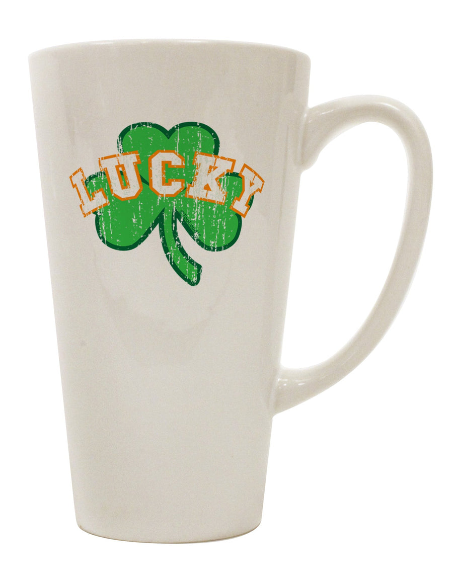 Lucky Shamrock Design Distressed 16 Ounce Conical Latte Coffee Mug - Expertly Crafted by a Drinkware Connoisseur-Conical Latte Mug-TooLoud-White-Davson Sales