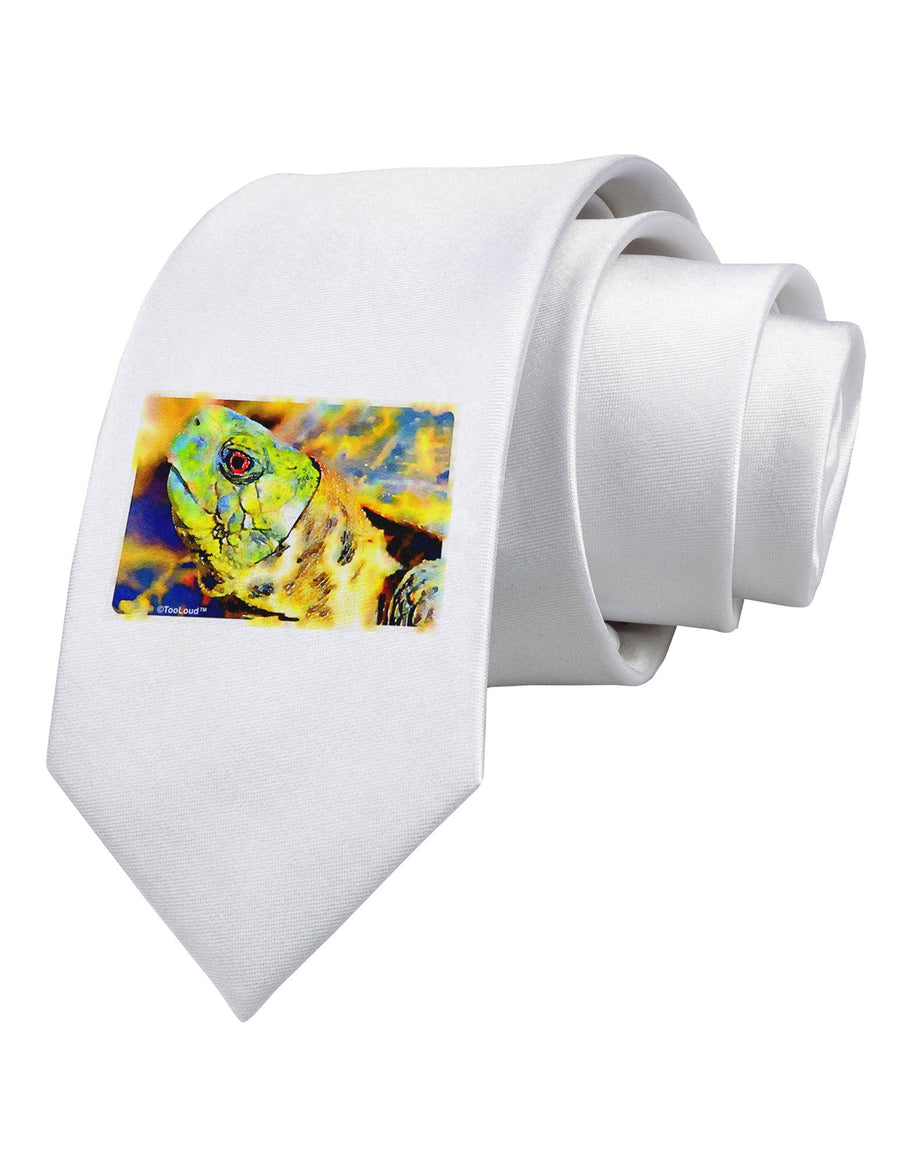 Menacing Turtle Watercolor Printed White Necktie