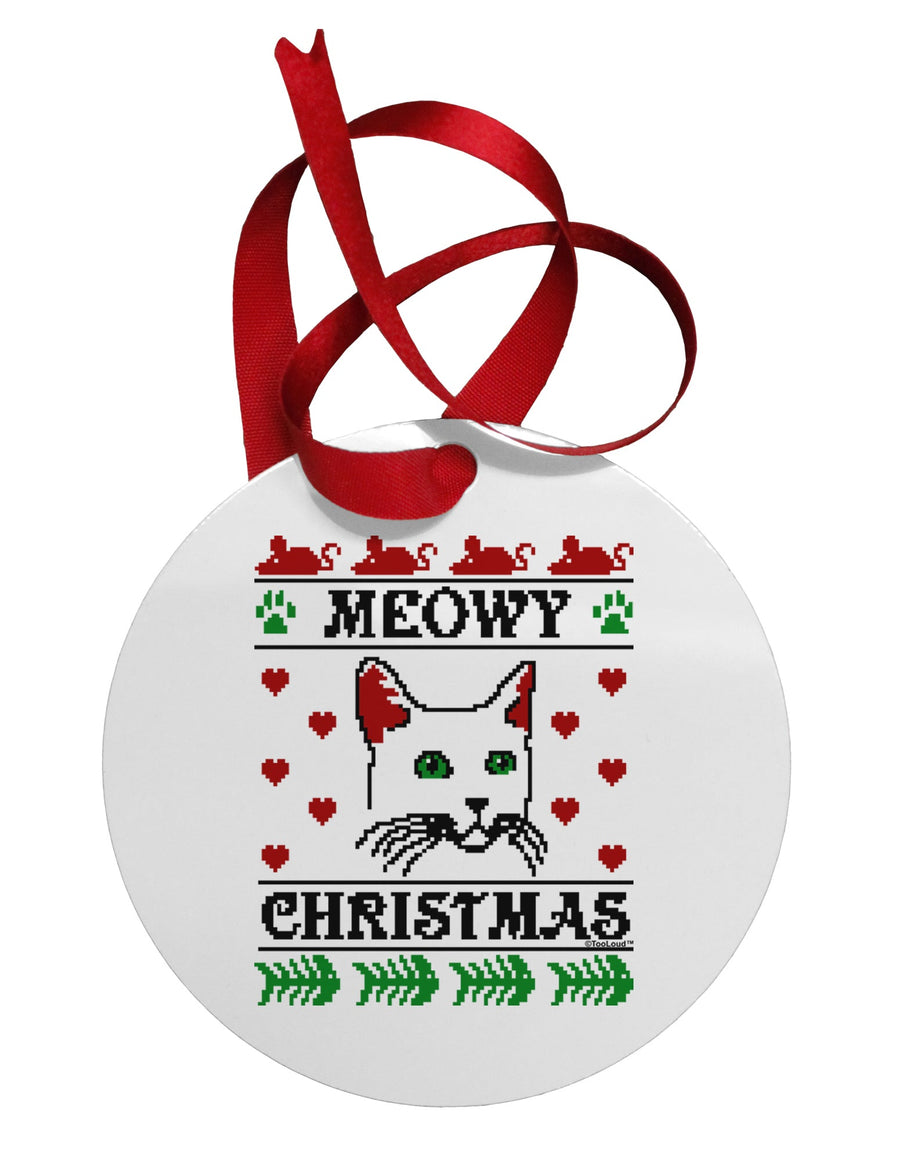 Meowy Christmas Cat Knit Look Circular Metal Ornament by TooLoud-Ornament-TooLoud-White-Davson Sales