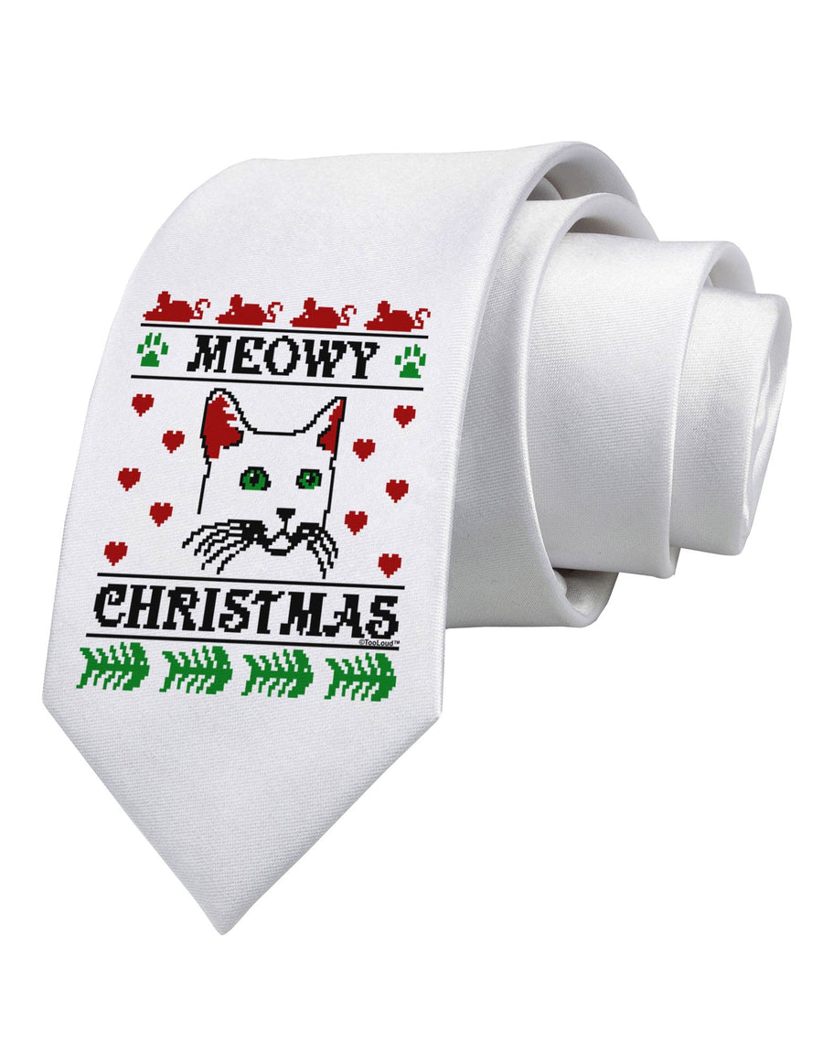 Meowy Christmas Cat Knit Look Printed White Necktie by