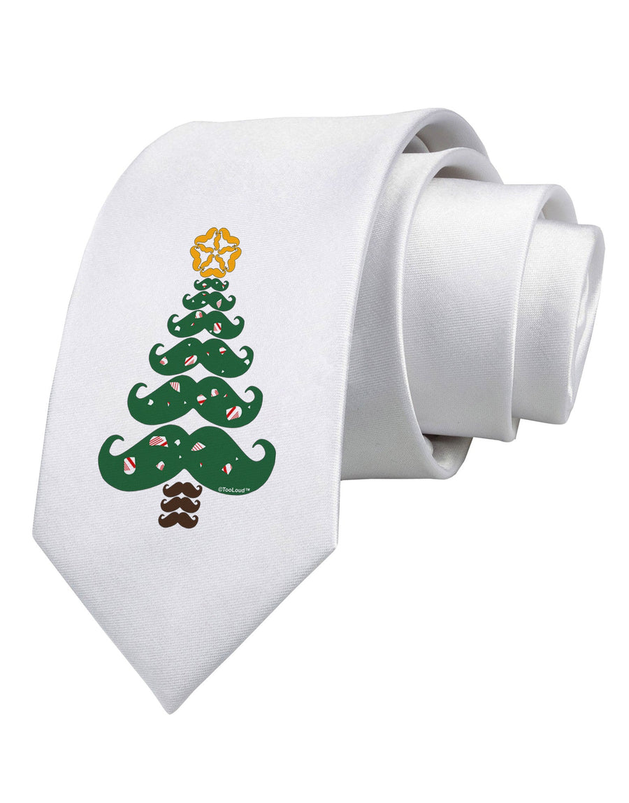 Mustache Christmas Tree Printed White Necktie