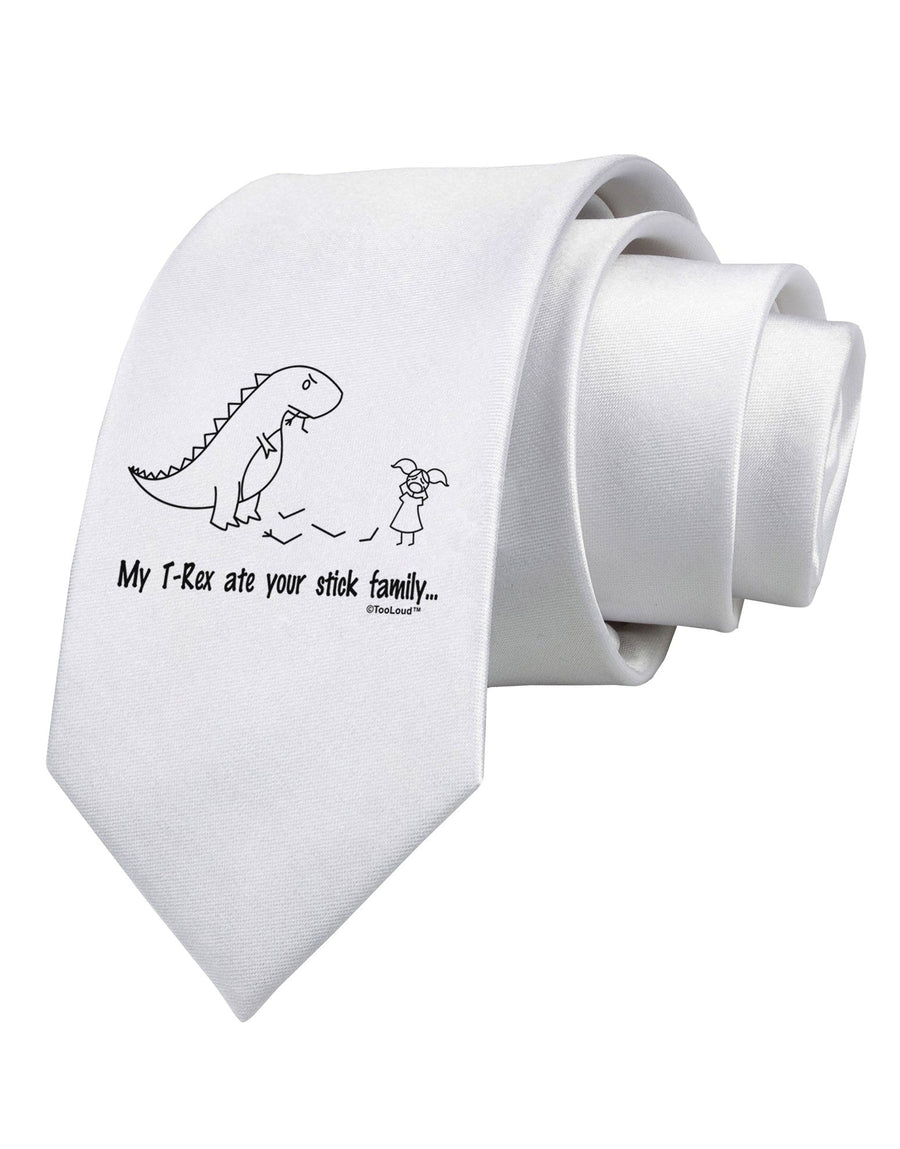 My T-Rex Ate Your Stick Family - Line Printed White Necktie by TooLoud