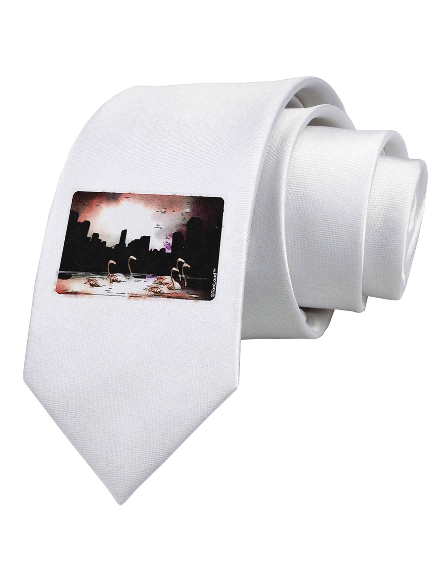 Nighttime Flamingos Printed White Necktie