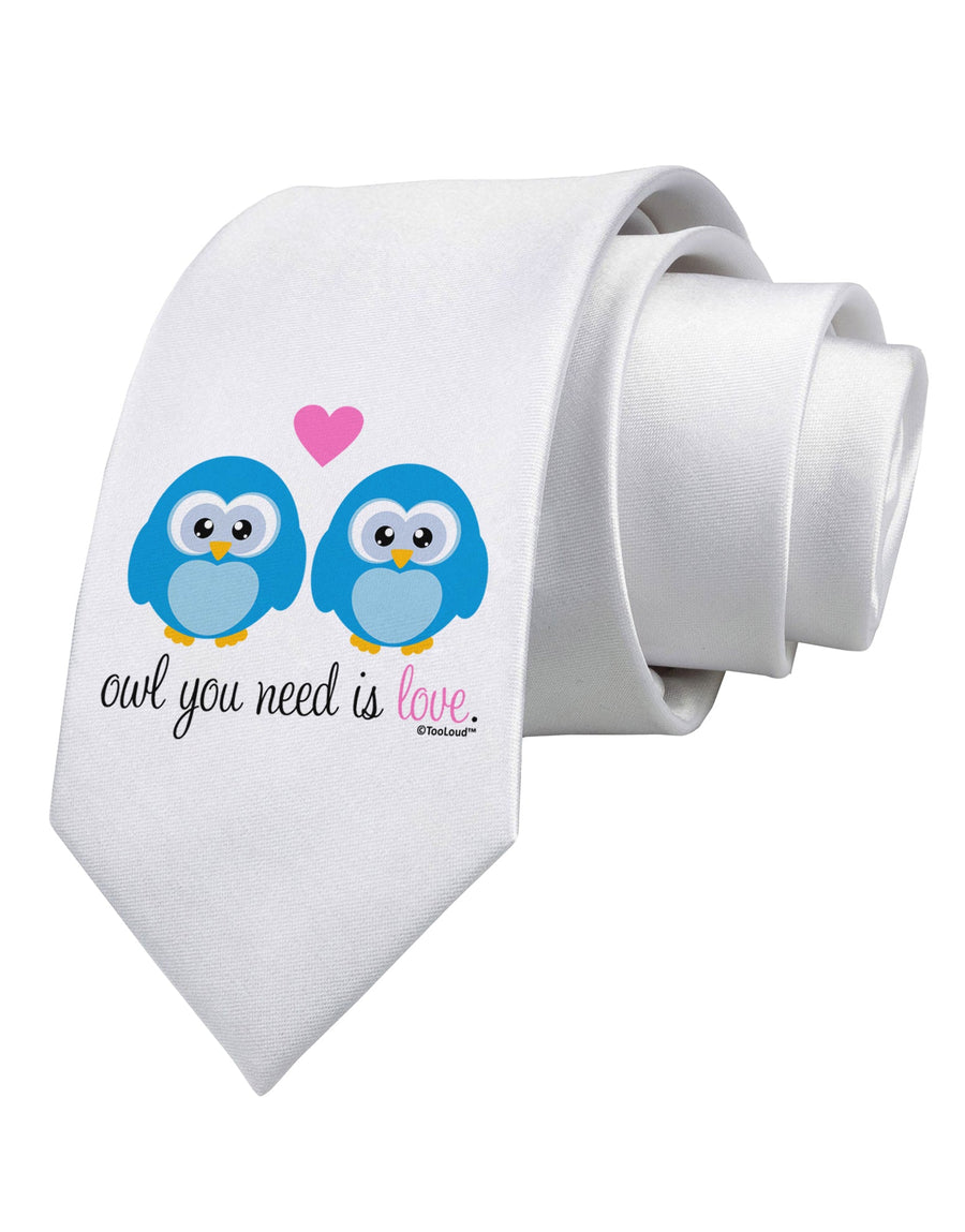 Owl You Need Is Love - Blue Owls Printed White Necktie by TooLoud