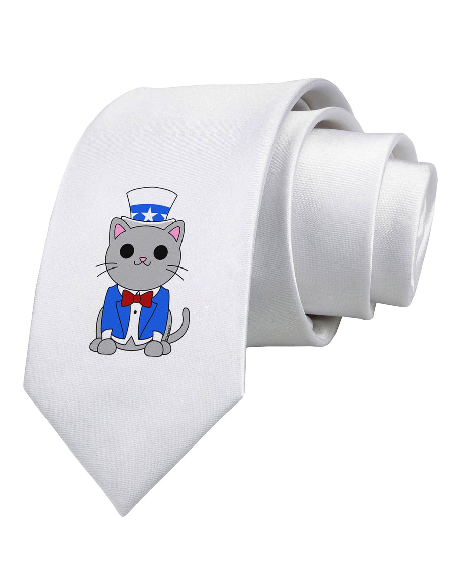 Patriotic Cat Printed White Necktie by TooLoud