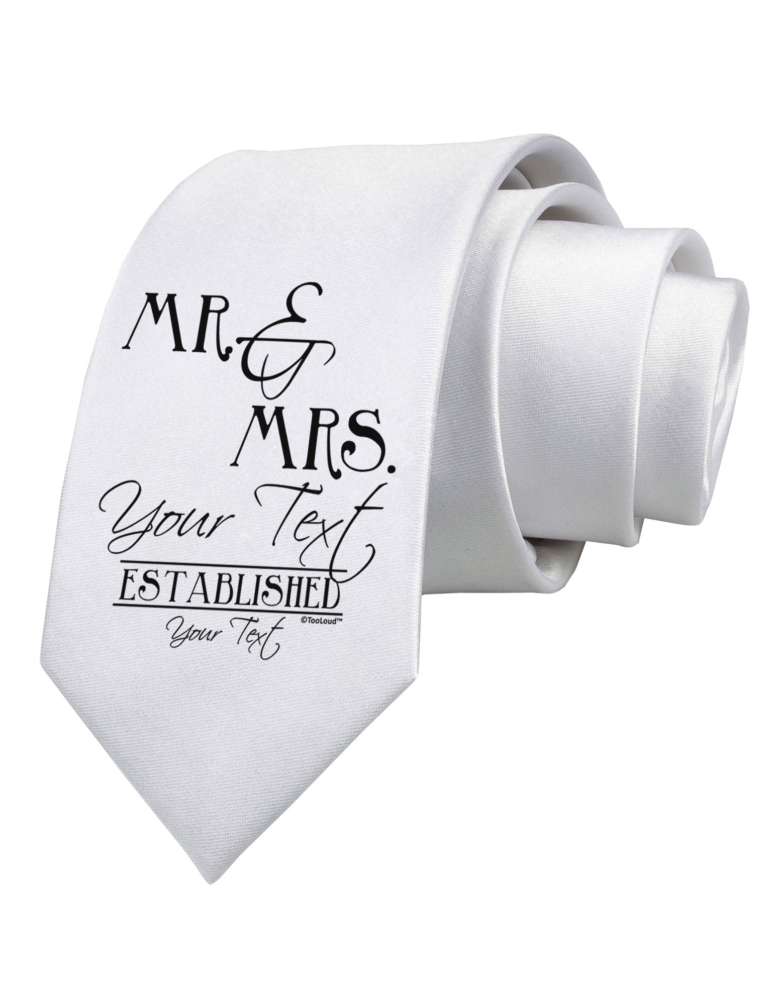 Personalized Mr and Mrs -Name- Established -Date- Design Printed White Necktie