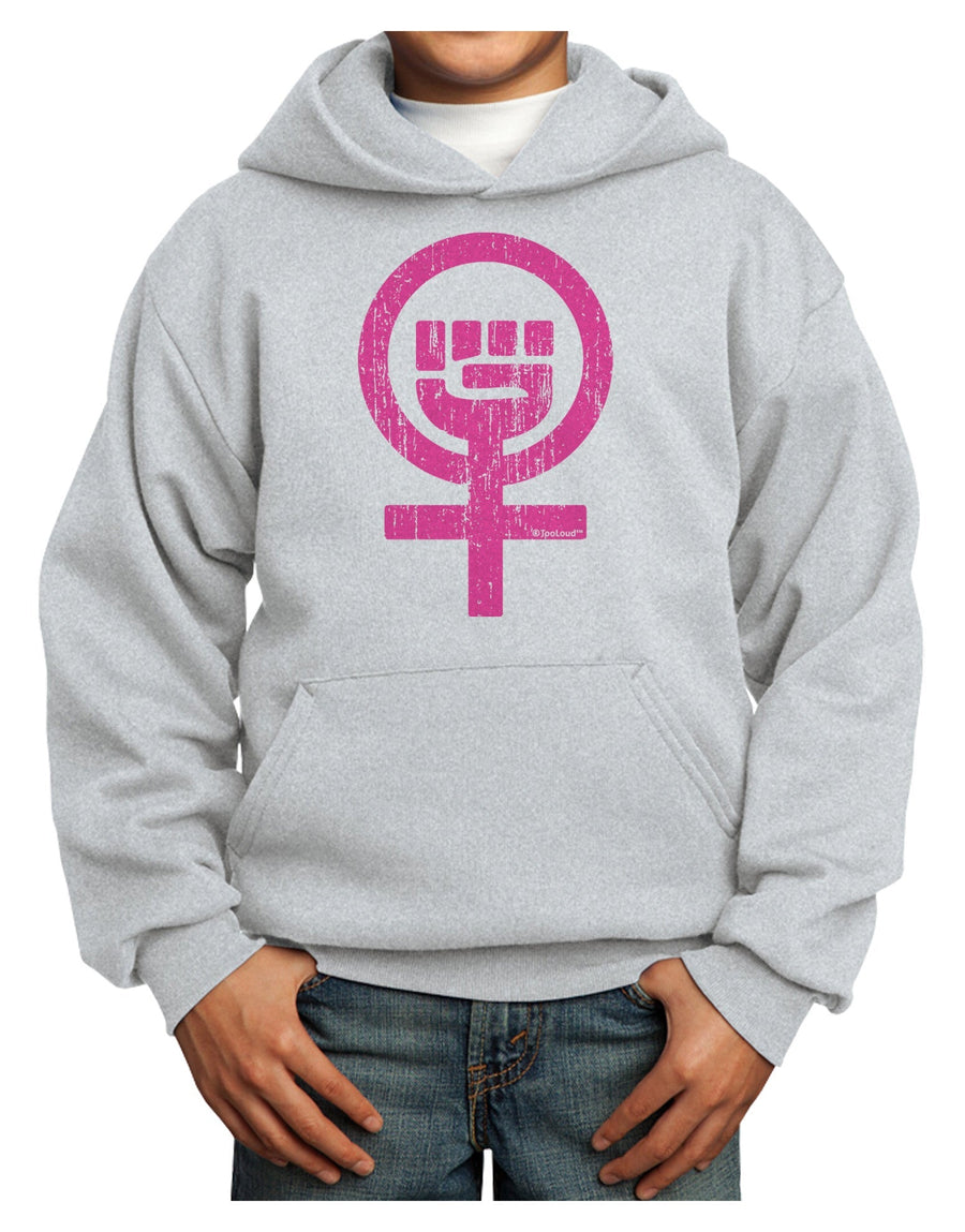 Pink Distressed Feminism Symbol Youth Hoodie Pullover Sweatshirt-Youth Hoodie-TooLoud-White-XS-Davson Sales