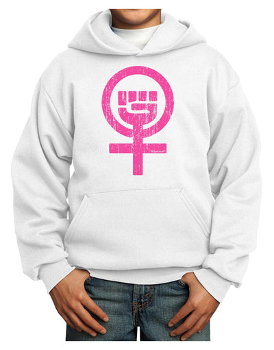 Pink Distressed Feminism Symbol Youth Hoodie Pullover Sweatshirt-Youth Hoodie-TooLoud-White-XS-Davson Sales