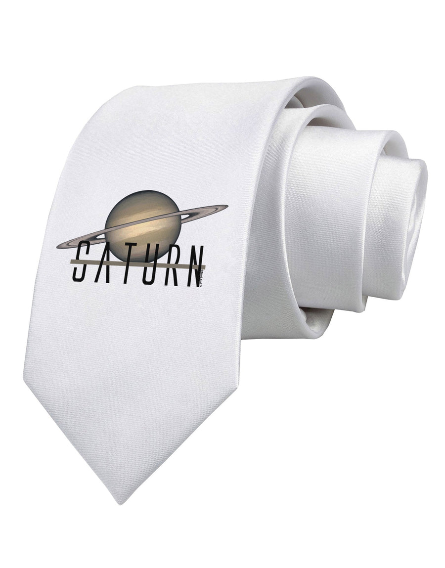 Planet Saturn Text Printed White Necktie