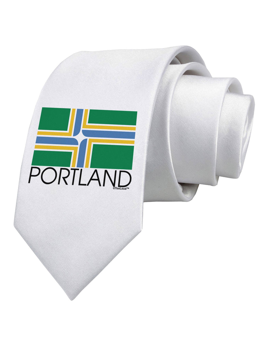 Portland Oregon Flag Text Printed White Necktie