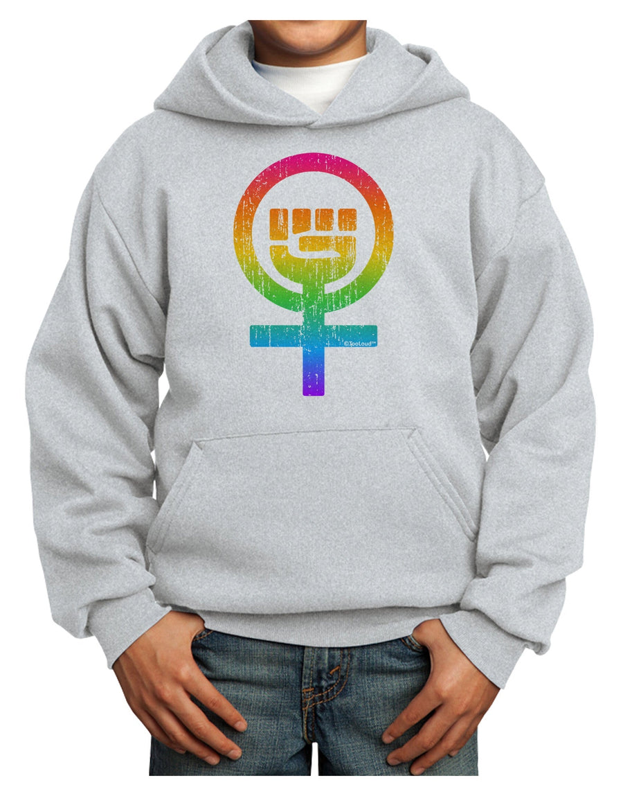 Rainbow Distressed Feminism Symbol Youth Hoodie Pullover Sweatshirt-Youth Hoodie-TooLoud-White-XS-Davson Sales