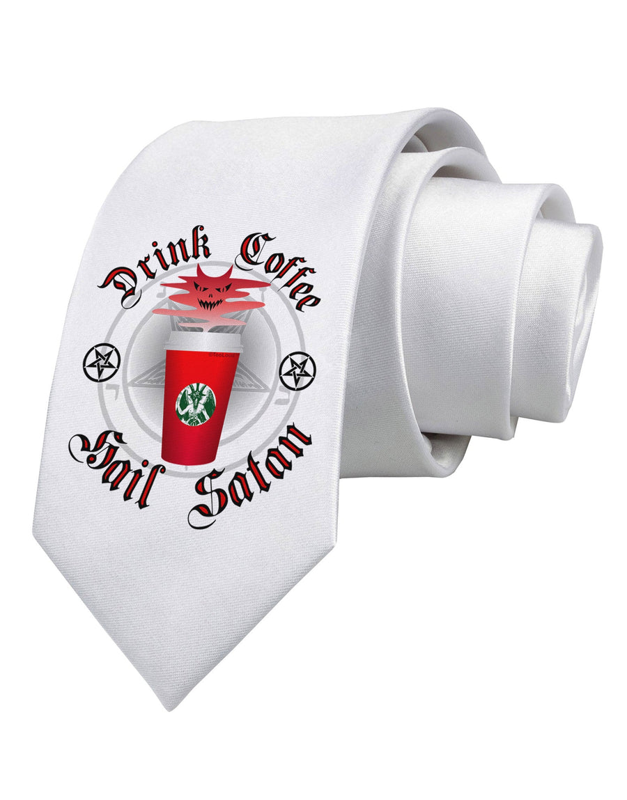 Red Cup Drink Coffee Hail Satan Printed White Necktie by