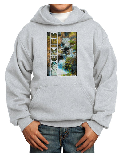 Rockies Waterfall with Text Youth Hoodie Pullover Sweatshirt-Youth Hoodie-TooLoud-Ash-XS-Davson Sales