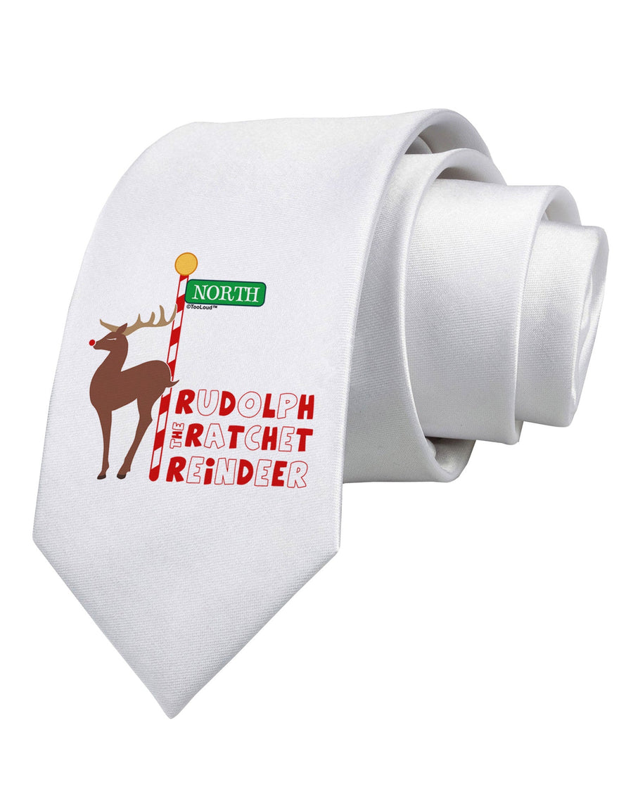 Rudolf Ratchet Reindeer Color Text Printed White Necktie