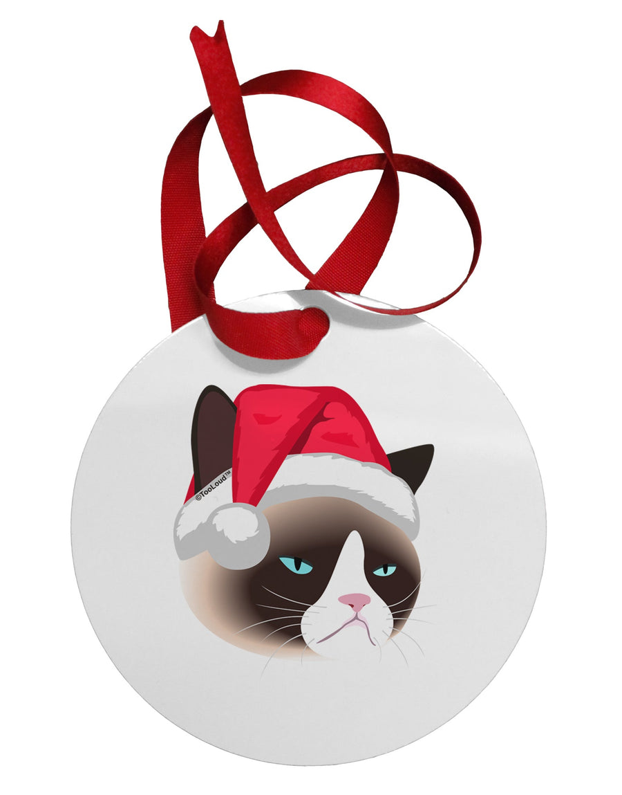 Santa Hat Disgruntled Siamese Cat Circular Metal Ornament by TooLoud-Ornament-TooLoud-White-Davson Sales