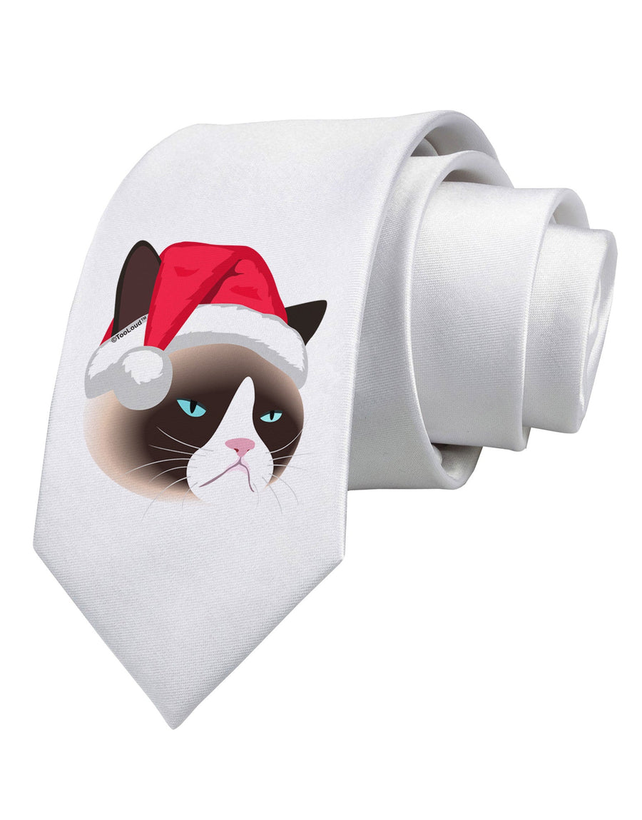 Santa Hat Disgruntled Siamese Cat Printed White Necktie by