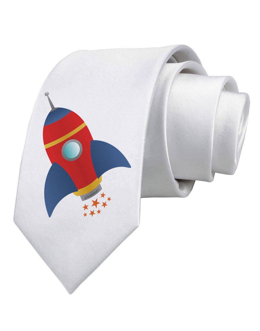 Space Rocket Ship and Stars Printed White Necktie by TooLoud