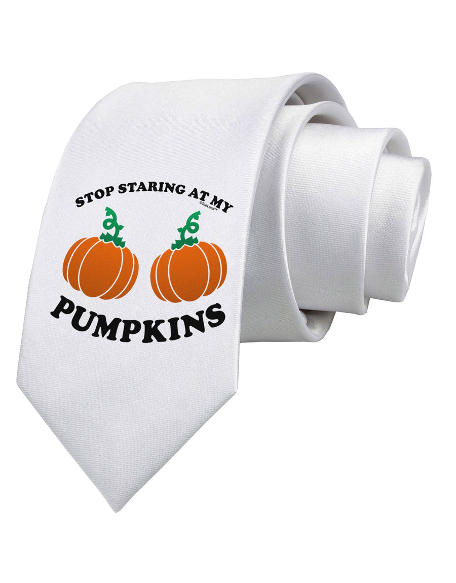 Stop Staring At My Pumpkins Printed White Necktie by TooLoud