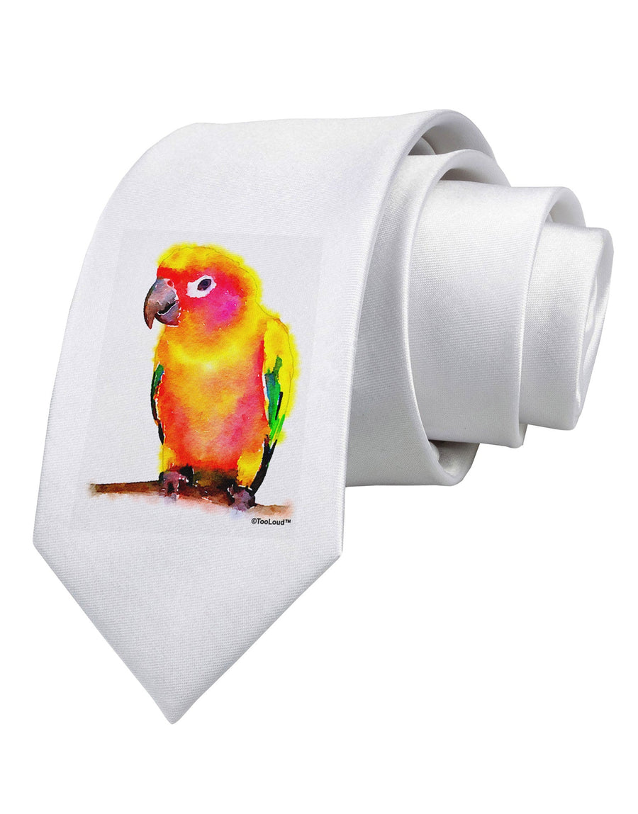 Sun Conure Parrot Watercolor Printed White Necktie