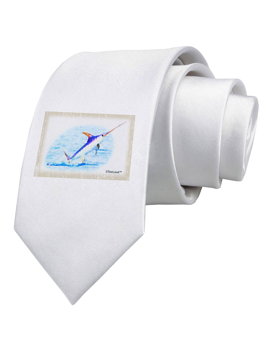 Swordfish Watercolor Printed White Necktie