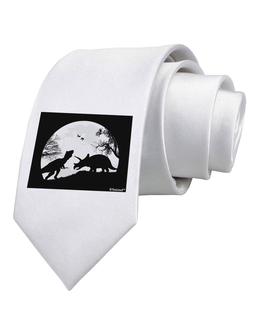 T-Rex and Triceratops Silhouettes Design Printed White Necktie by TooLoud