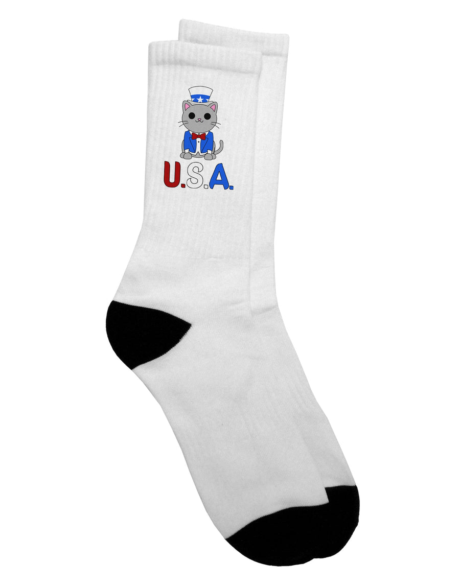 TooLoud presents the Patriotic Cat - USA Adult Crew Socks - Perfect for Celebrating American Pride-Socks-TooLoud-White-Ladies-4-6-Davson Sales